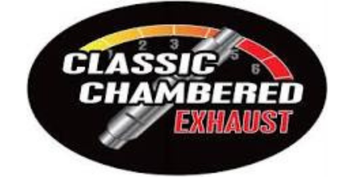 A black and white logo of a car with the words classic chambered exhaust.